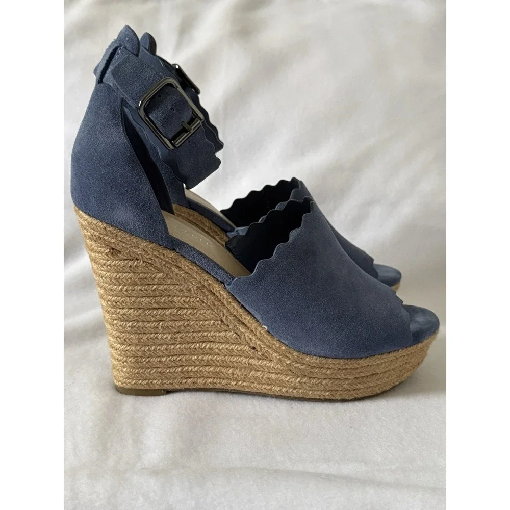 Marc Fisher Adalyn Blue Suede Scalloped Espadrille Wedge Sandals Size 9M